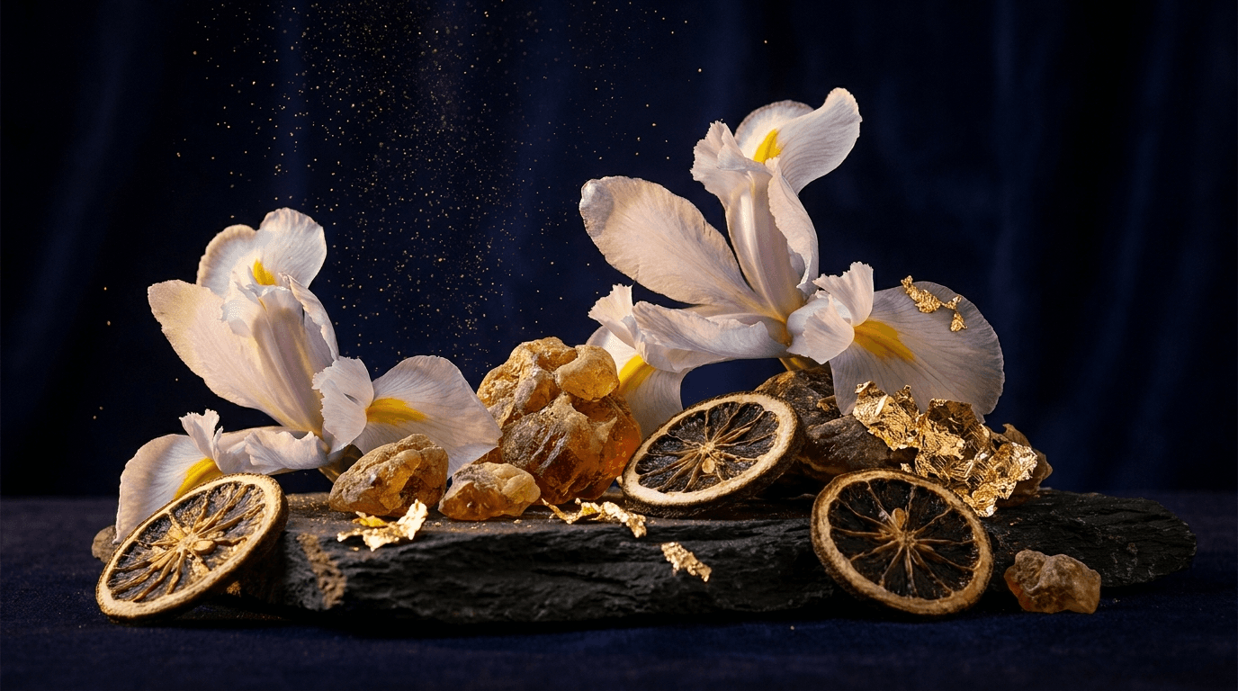 Materias primas de Eau de Nuit: iris, ámbar en resina, bergamota seca y pan de oro sobre pizarra