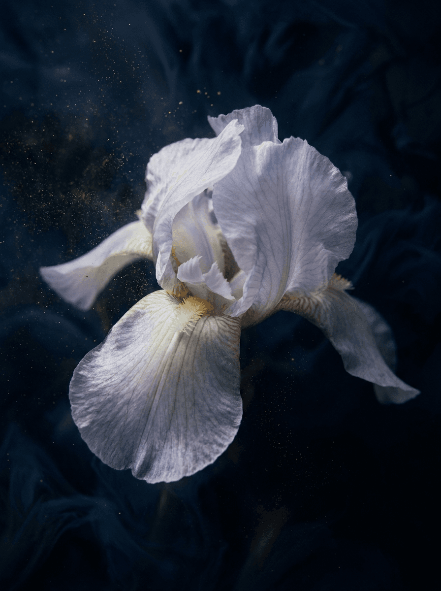 Iris de Florencia suspendido en líquido oscuro con polvo de oro
